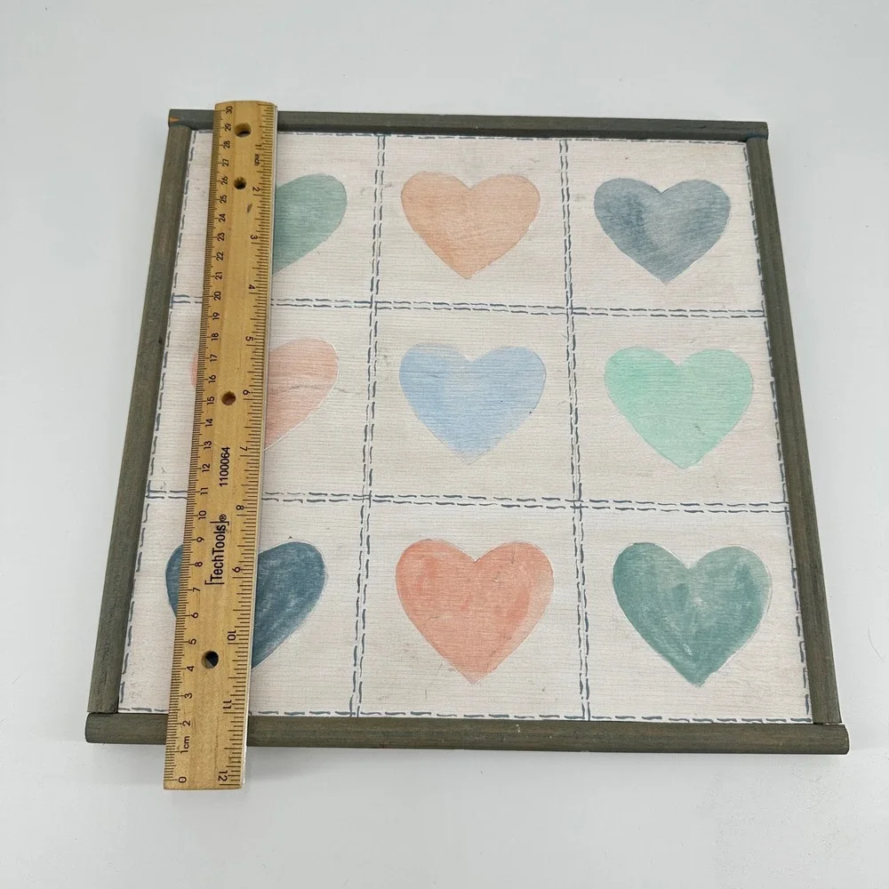 Rustic Wooden Square Wall Art Nine Pastel Hearts Grid Grey Frame 12x12